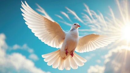 Obraz premium White dove soaring in the blue sky for freedom concept in clipping path.