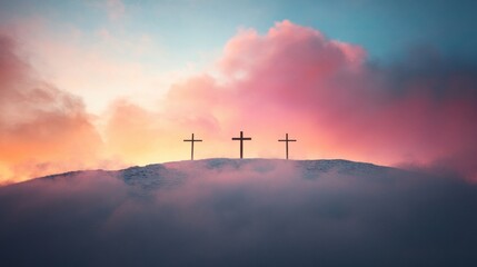 Ethereal Holy Week Narrative Dramatic Pastel Crucifixion Landscape for Spiritual Marketing and Gen Z Faith Content Design