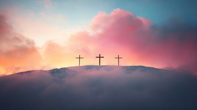 Ethereal Holy Week Narrative Dramatic Pastel Crucifixion Landscape for Spiritual Marketing and Gen Z Faith Content Design - Powered by Adobe