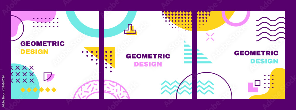 Poster memphis square covers with geometric shapes pattern background. vector line art graphic banner or br