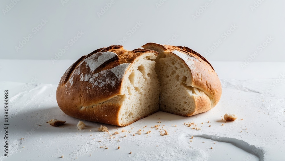 Poster isolated white background featuring a broken half of fresh bread