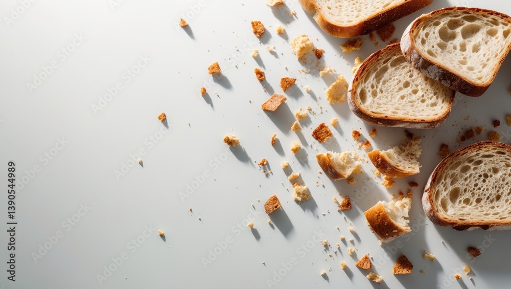 Poster Top-down view of bread slices and crumbs set against a white background
