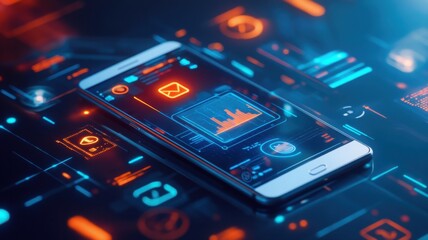 Glowing digital banking icons hover above a sleek smartphone amid a deep blue cyber background