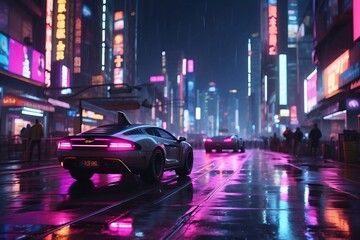 Futuristic Cyberpunk City at Night with Neon Lights and Flying Vehicles