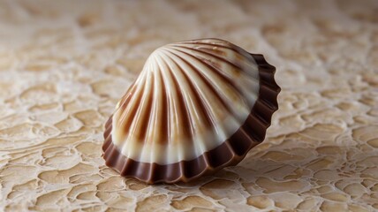 A chocolate candy in the shape of a shell is presented.