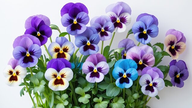 Bunch of purple pansy blooms separated on white
