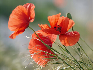 Red poppies blooming in a sunlit meadow  