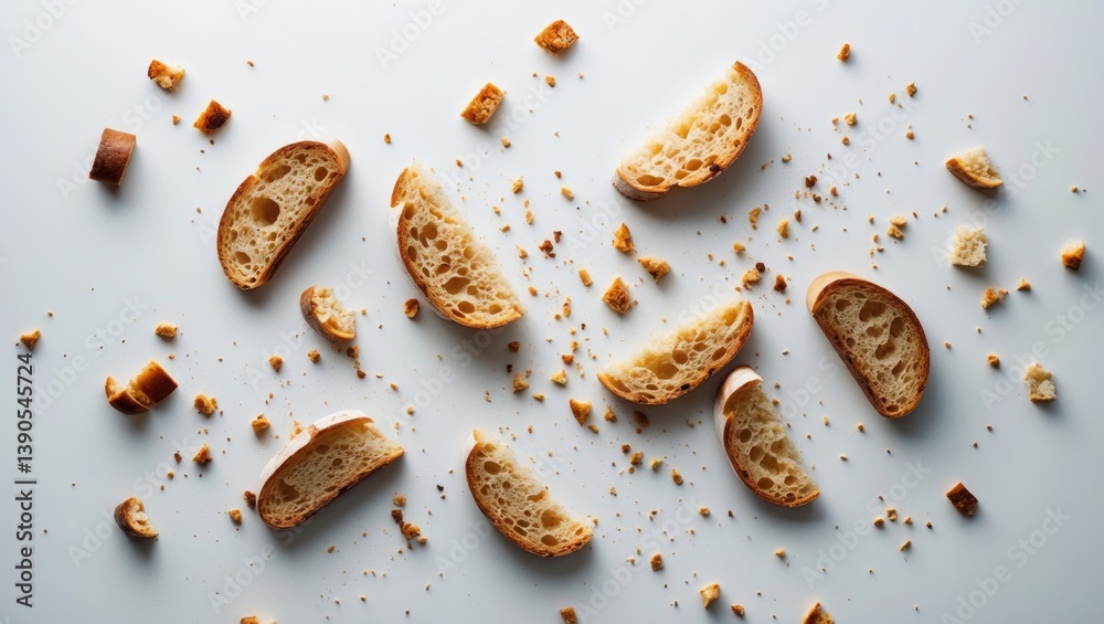 Poster aerial shot of bread slices and crumbs isolated on a white surface