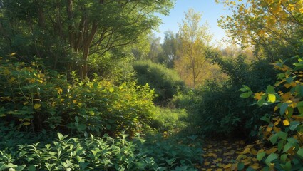 Fototapeta premium Sunny wooded area showcasing vivid vegetation and wild greenery, reflecting the soothing elegance of a brisk morning. Subtle shadows and dispersed foliage establish a serene natural setting.