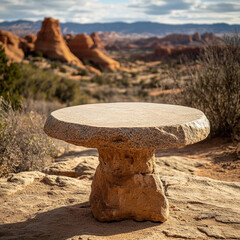 Rough empty stone slab surface set in a dry desert red canyon with sunset cliffs and brush, for product presentation, mockups. 