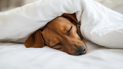 A snoozing dachshund lies comfortably under a white duvet, its head resting on a pillow in a human bed