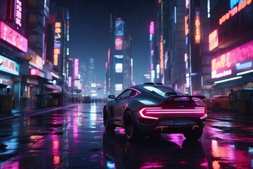 Futuristic Cyberpunk City at Night with Neon Lights and Flying Vehicles