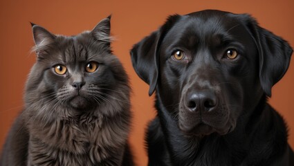 Brown cat and dog together gazing at the camera with a backdrop