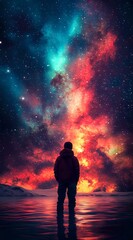 Obraz premium Silhouetted person standing on reflective surface beneath vibrant cosmic sky with turquoise and red nebula clouds, stars scattered across dark space background.