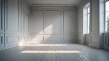 Fototapeta premium White classic wall background, brown parquet flooring, detail of home furniture, frame and vase.