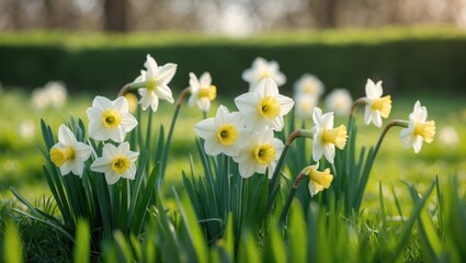 White daffodils bloom brightly among green grass in a natural outdoor environment, highlighting the calm and peaceful beauty of nature's revival.