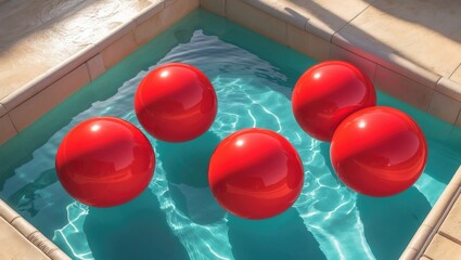 Naklejka premium Vibrant red inflatable balls drift on the water's surface in the sunny pool