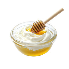 Delicious fresh greek yogurt with honey in a clear bowl isolated for culinary photography