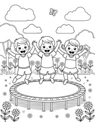 Three children, two boys and one girl, are depicted jumping joyfully on a trampoline in a vibrant garden setting