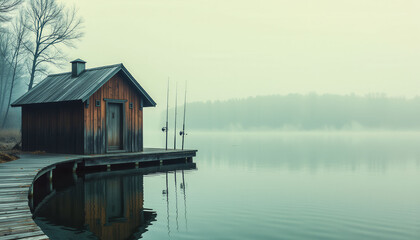 Fototapeta premium A small wooden cabin sits on a dock by a lake. The water is calm and the sky is overcast