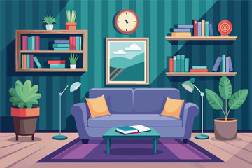 A bright living room features a comfortable sofa with orange cushions, vibrant plants, and stylish shelves filled with books. The clock adds charm to the decor.
