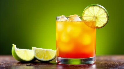 Fototapeta premium Refreshing citrus cocktail with ice and lime slice on a vibrant green background.