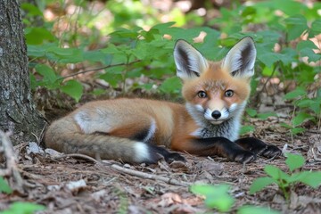 Fototapeta premium Red fox resting quietly on the forest floor surrounded by greenery during a sunny afternoon, A red fox lying on the ground is resting in the forest