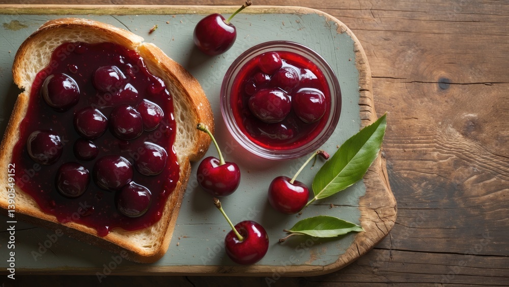 Poster bowl of cherry jam with toast on a rustic wooden background