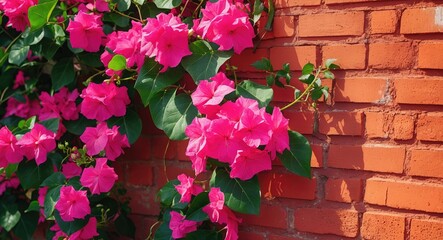 Brilliant pink bougainvillea tendrils rise along a red brick wall.