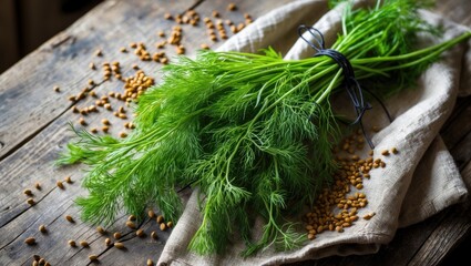 Fototapeta premium Wooden table featuring a cluster of dill herbs and coriander seeds viewed from the top.