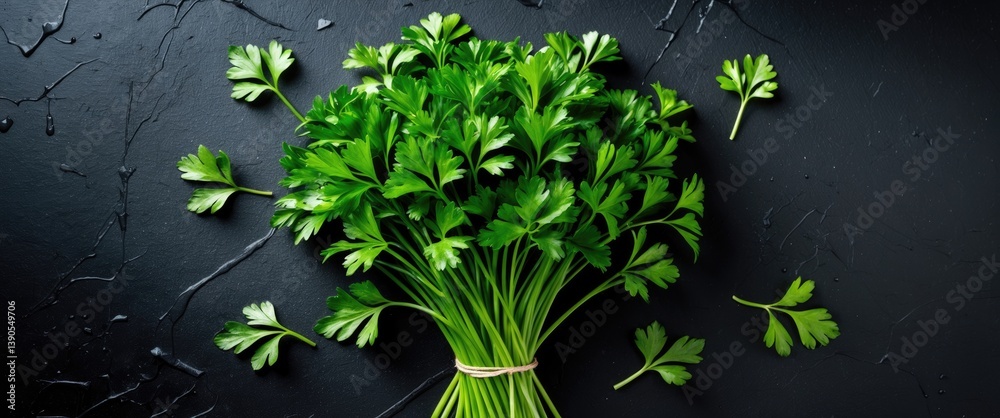 Poster Parsley bunch separated on a dark background allowing for text placement. View from above.