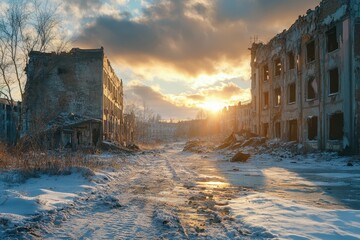 City in ruins after a winter war, showing destruction and changing skies at sunset, A city left in ruins after the war ( winter )