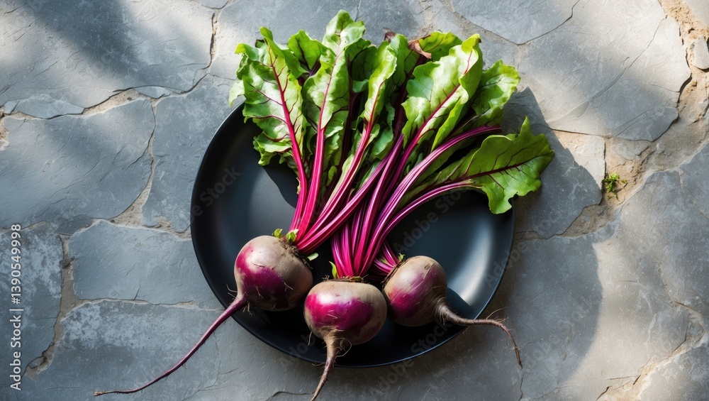Poster raw fresh beets with greens on a gray stone setting