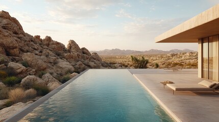 Fototapeta premium Modern luxury villa with serene pool area overlooking desert landscape and rocky formations in warm evening light