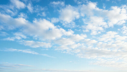 Blue Sky with Fluffy Clouds: A breathtaking panorama of a vast, cerulean sky adorned with an ethereal tapestry of soft, white clouds.  The gentle,  wispy formations dance across the expanse.