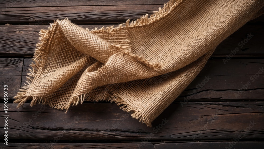 Poster bird's eye view of burlap hessian sacking on a wooden table