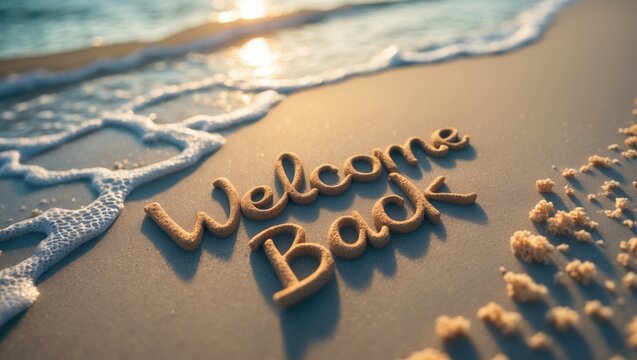 "welcome back, message in sand on a beach, tourism after pandemic theme"
