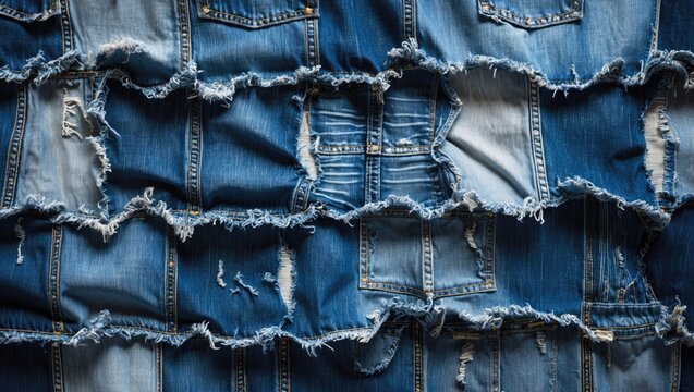 Denim blue jeans fabric showcased in a panoramic frame. Ripped denim cloth. Torn and destroyed patches of denim, background banner. Concept of repurposing old jeans scraps.