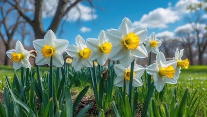 Obraz premium White daffodils in bloom in a park on a sunny spring day