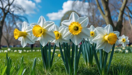 Fototapeta premium White blossoming daffodils in a park on a bright spring day