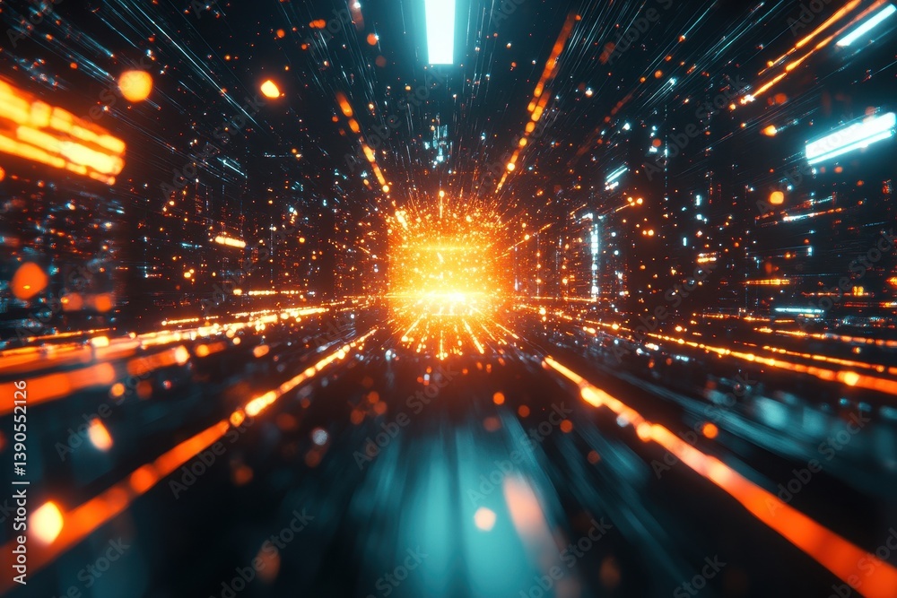 Aufkleber neon glowing futuristic particles create dynamic movement in a digital abstract space, neon glowing 