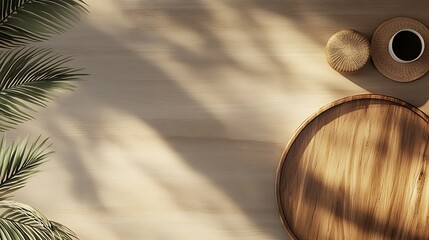 Wooden tray, coffee, palm leaves, sunlight on table.