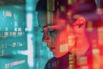 Caucasian businesswoman analyzing financial data in a bright digital environment, financial data processing over caucasian businesswoman in office