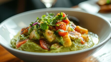 Delicious green salad with chicken and vegetables in a bowl