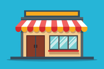 The storefront features a quaint design with red and white awnings, large windows, and double doors, inviting visitors to explore the vibrant retail space.