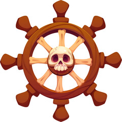 Cartoon ship steering wheel pirate icon. Isolated vector wooden boat helm. Game asset, maritime sailing item with polished spokes and eerie jolly roger skull in center. Vintage nautical sail rudder © Vector Tradition