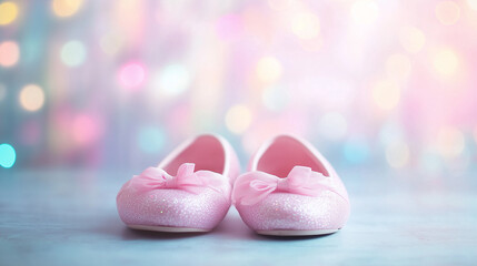 Pink ballet flats slippers against a pastel bokeh background with copyspace