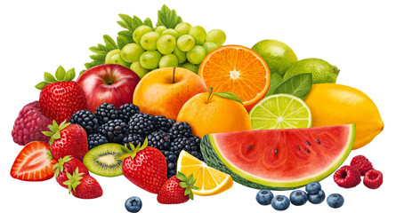 Colorful composition of various fresh fruits: strawberry, watermelon, orange, apple, lime, kiwi, raspberry, grape, lemon.