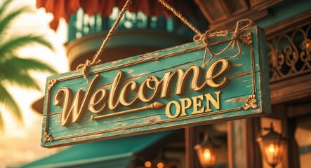 Welcome open sign displayed on shop entrance. Text on cafe front or restaurant hanging on door at the doorway. Vintage tone style.