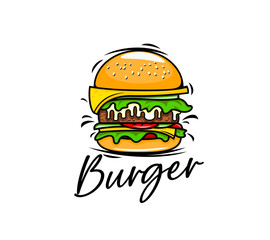 Burger icon for fast food grill and BBQ restaurant sign, vector cartoon cheeseburger. Burger with cheese, lettuce and yummy sauce in sesame bun for burger bar or fast food menu and barbecue bistro